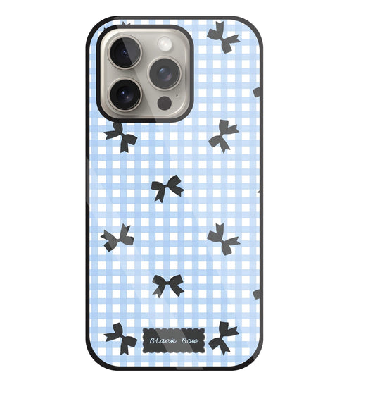 Black Ribbon With Check Pattern Glass Case For Apple iPhone 15 Pro