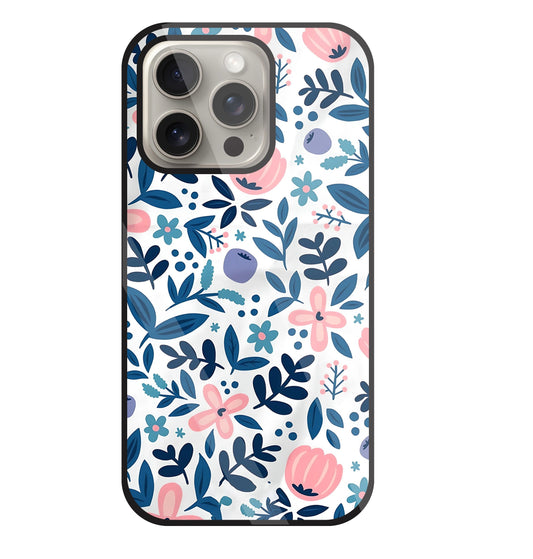 Blue- Pink Flower Pattern Glass Case For Apple iPhone 15 Pro