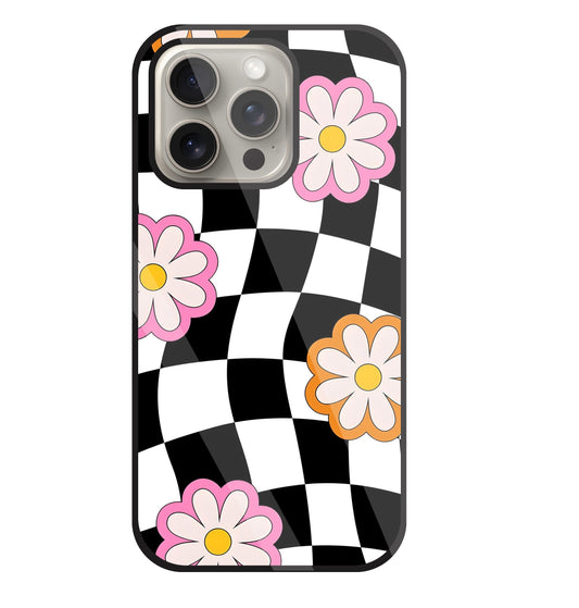 Check Pattern with flowers Glass Case For Apple iPhone 15 Pro