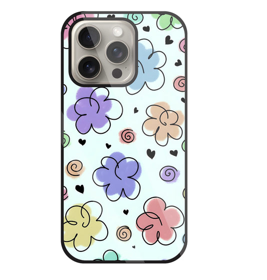 Cute Line Art Flowers Glass Case For Apple iPhone 15 Pro