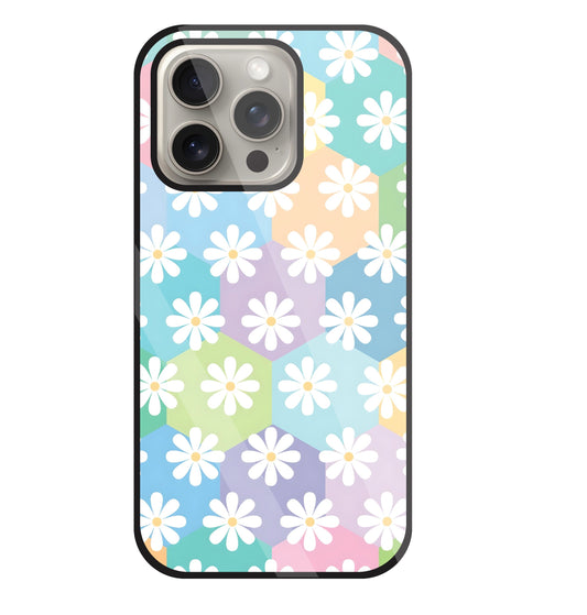 Hexagon Daisy Flower Glass Case For Apple iPhone 15 Pro