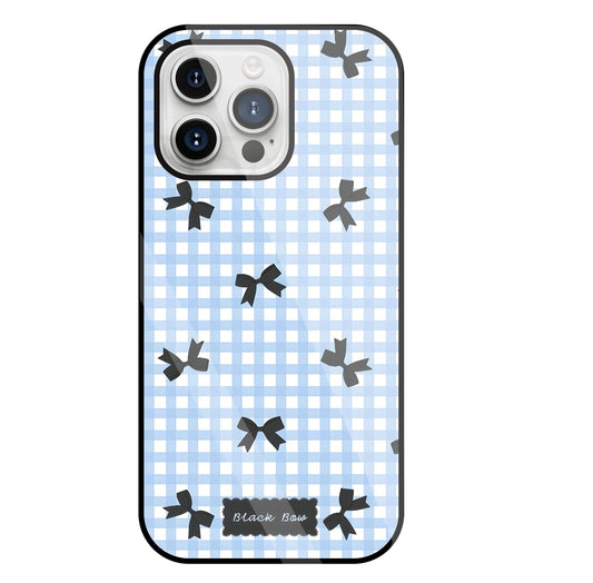 Black Ribbon With Check Pattern Glass Case For Apple iPhone 15 Pro Max