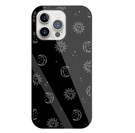 Black Sun With Moon Glass Case For Apple iPhone 15 Pro Max