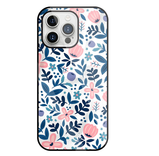 Blue- Pink Flower Pattern Glass Case For Apple iPhone 15 Pro Max