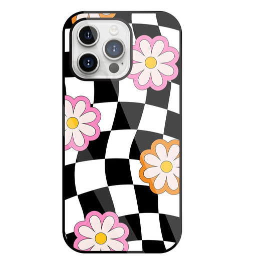Check Pattern with flowers Glass Case For Apple iPhone 15 Pro Max