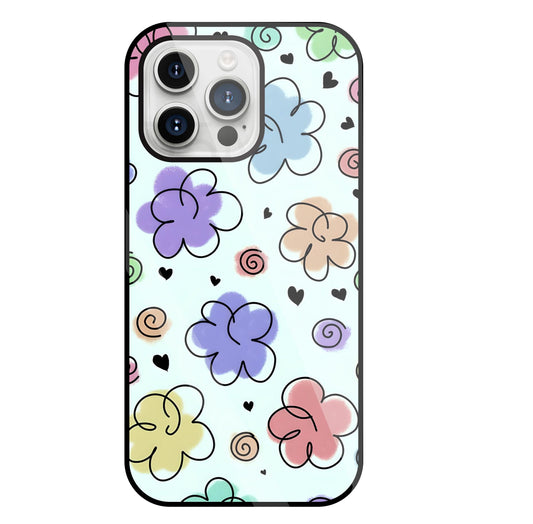 Cute Line Art Flowers Glass Case For Apple iPhone 15 Pro Max