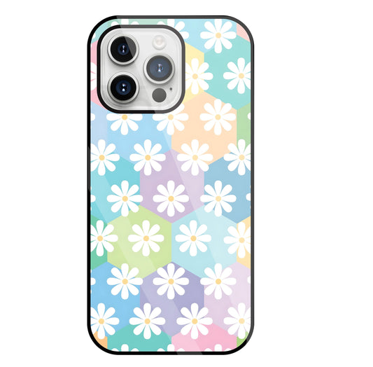Hexagon Daisy Flower Glass Case For Apple iPhone 15 Pro Max