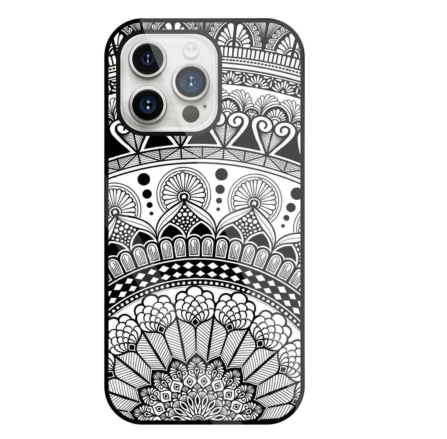 Mandala Pattern Black And White Glass Case For Apple iPhone 15 Pro Max