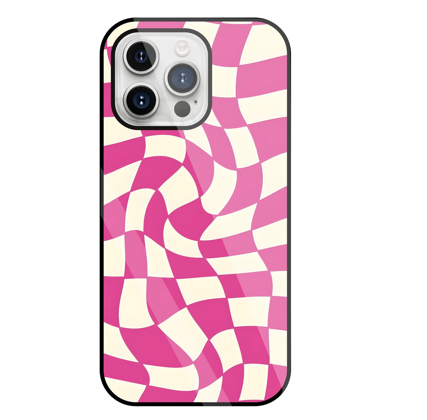 Pink And Off White Illusion Pattern Glass Case For Apple iPhone 15 Pro Max