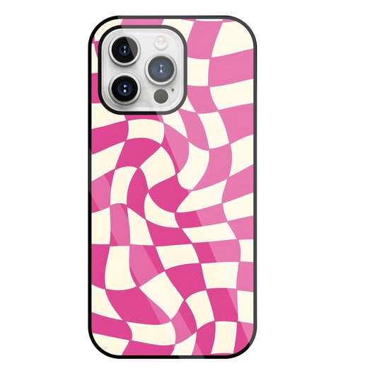 Pink And Off White Illusion Pattern Glass Case For Apple iPhone 15 Pro Max
