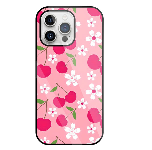 Pink Cherry With Flowers Glass Case For Apple iPhone 15 Pro Max