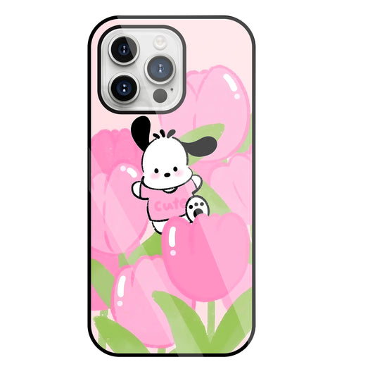 Pochacco Puppy And Rose Glass Case For Apple iPhone 15 Pro Max