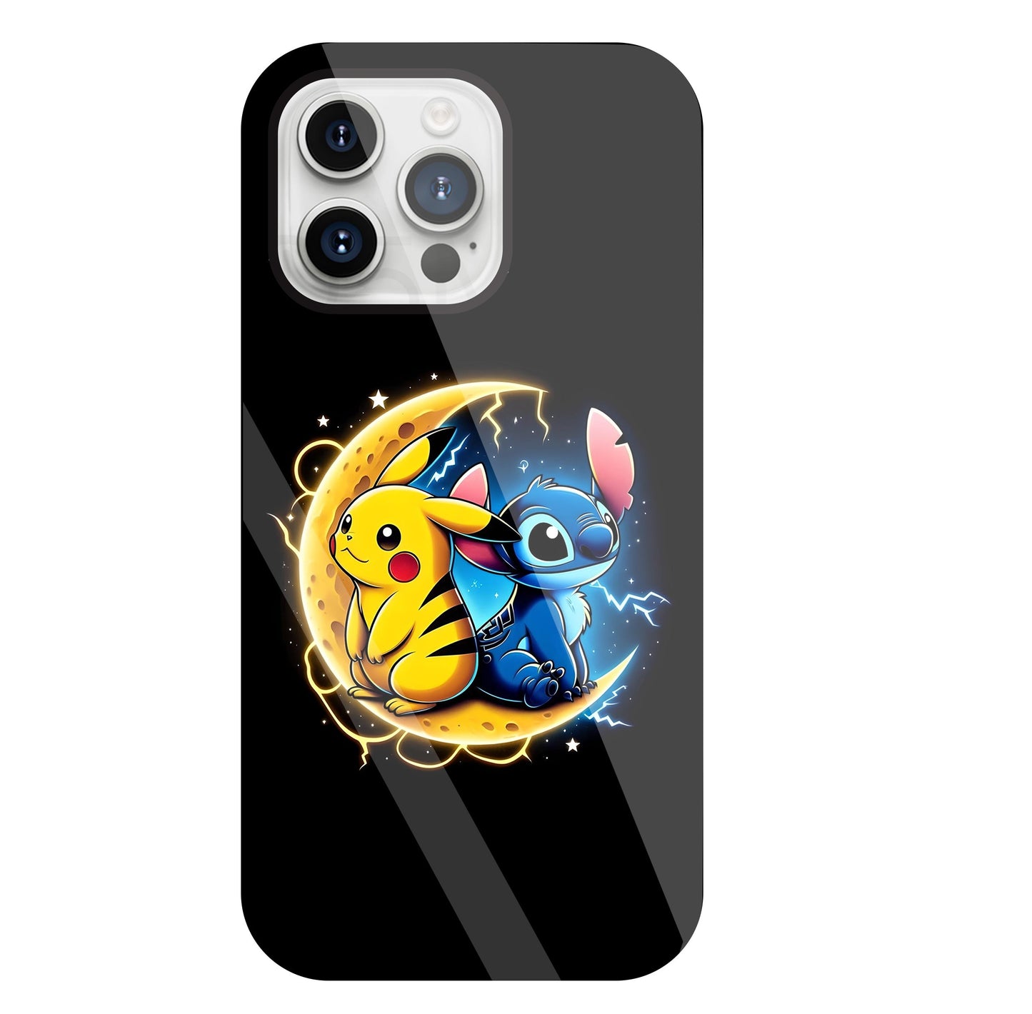 Stitch and Pikachu Moon Glass Case For Apple iPhone 15 Pro Max