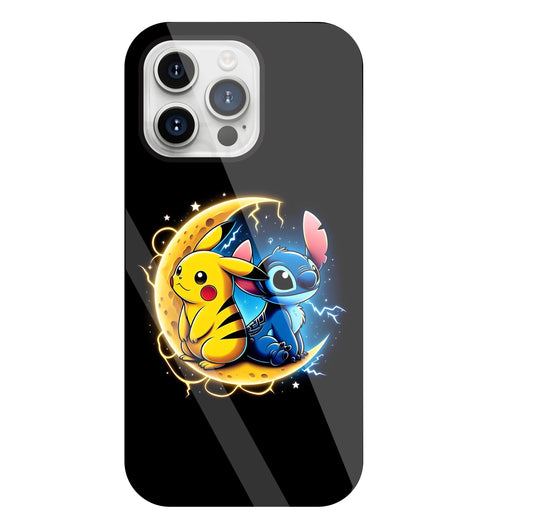 Stitch and Pikachu Moon Glass Case For Apple iPhone 15 Pro Max