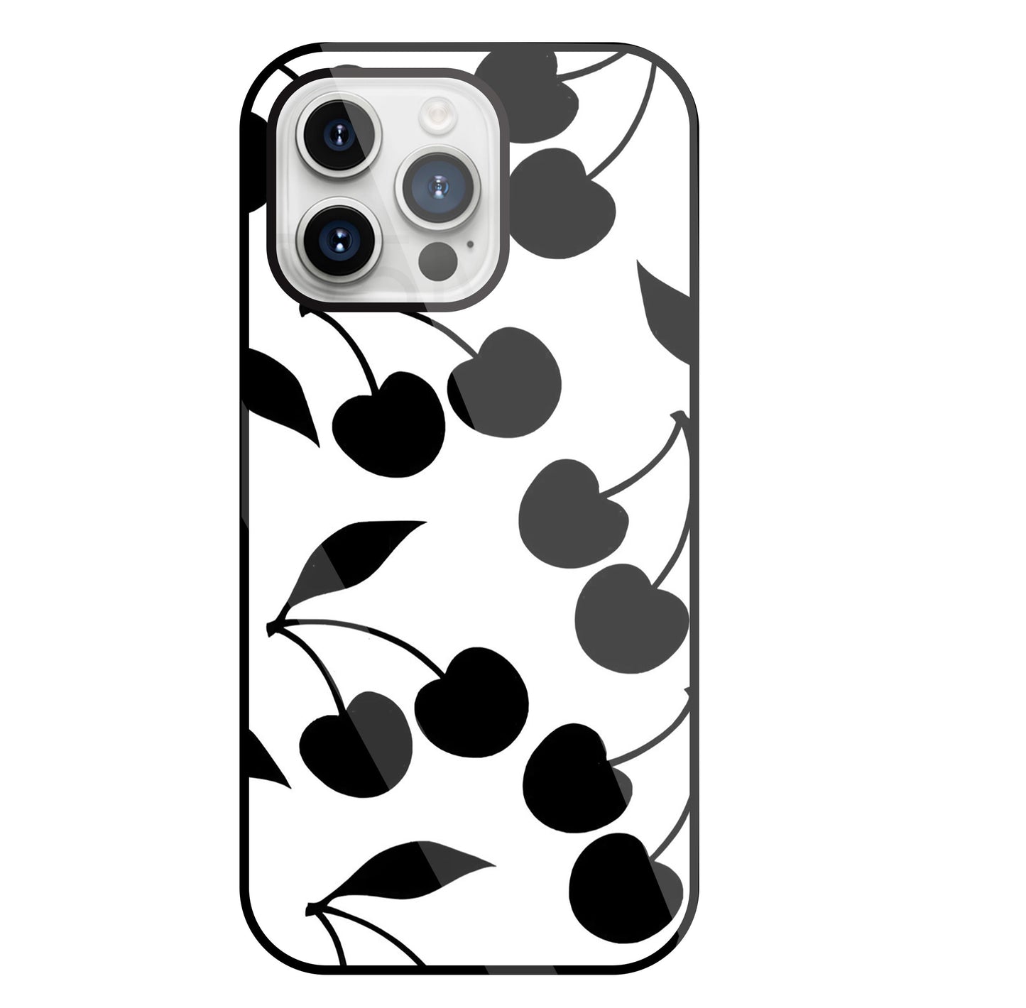 White With Black Cherry Glass Case For Apple iPhone 15 Pro Max