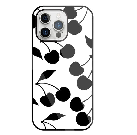 White With Black Cherry Glass Case For Apple iPhone 15 Pro Max