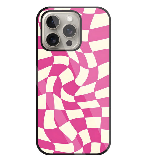 Pink And Off White Illusion Pattern Glass Case For Apple iPhone 15 Pro