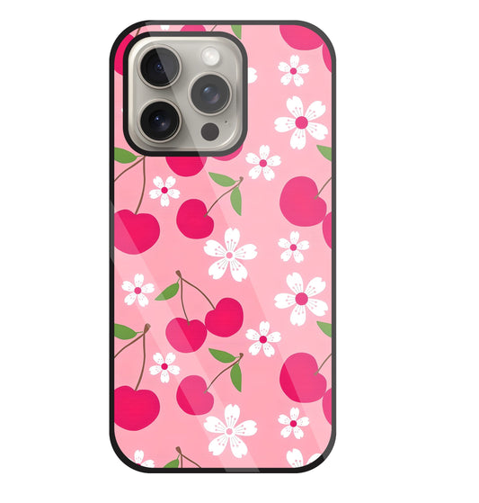 Pink Cherry With Flowers Glass Case For Apple iPhone 15 Pro