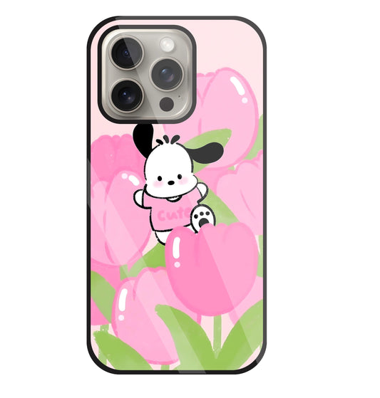 Pochacco Puppy And Rose Glass Case For Apple iPhone 15 Pro