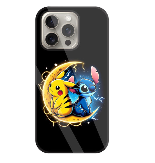 Stitch and Pikachu Moon Glass Case For Apple iPhone 15 Pro