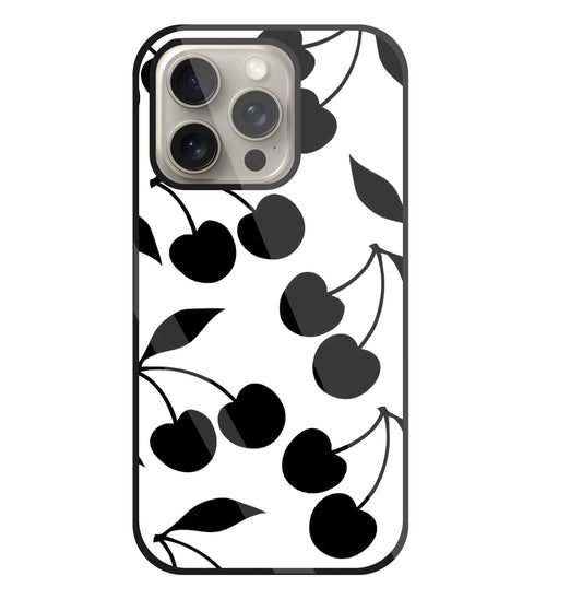 White With Black Cherry Glass Case For Apple iPhone 15 Pro