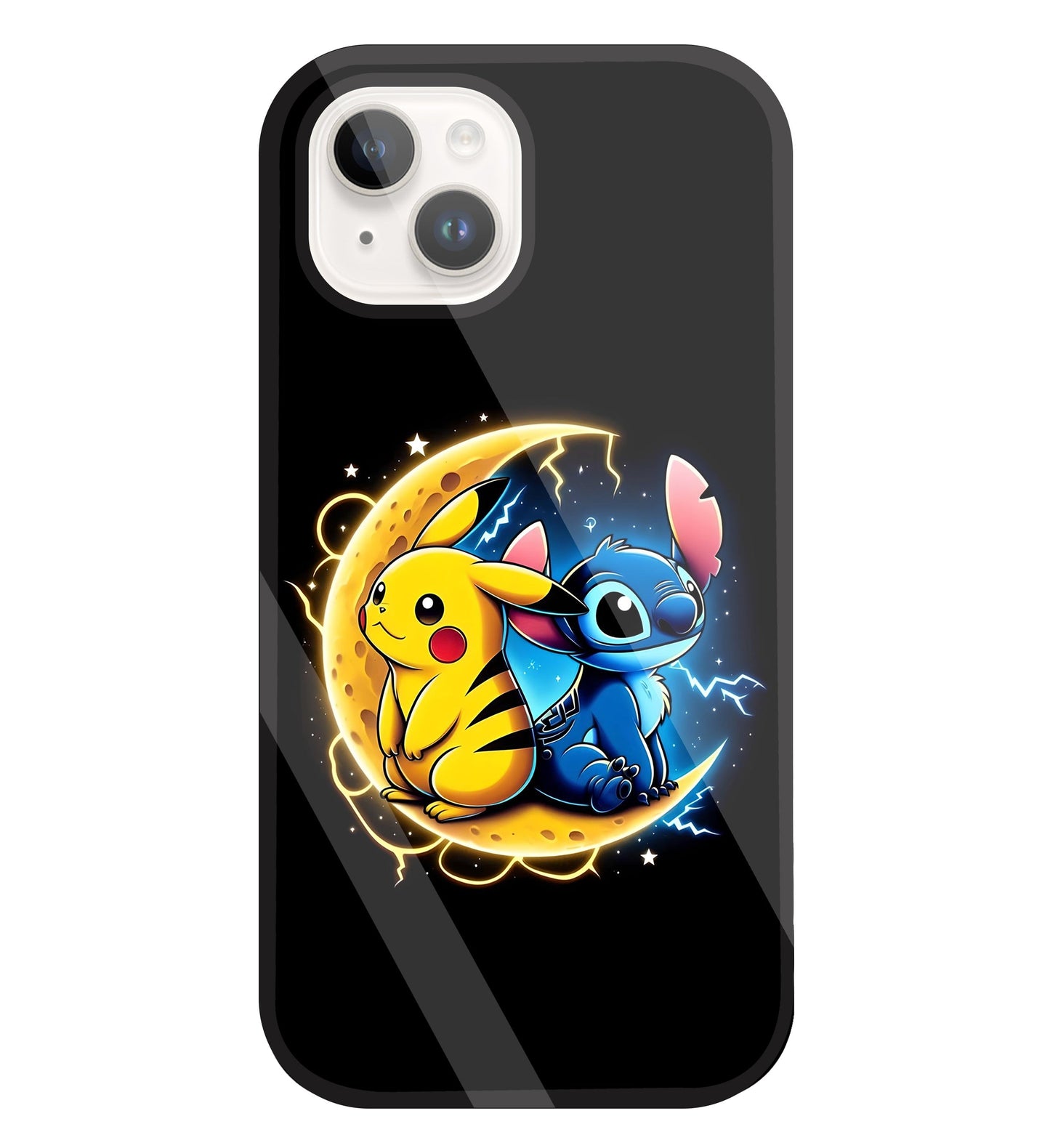 Stitch and Pikachu Moon Glass Case For Apple iPhone 15