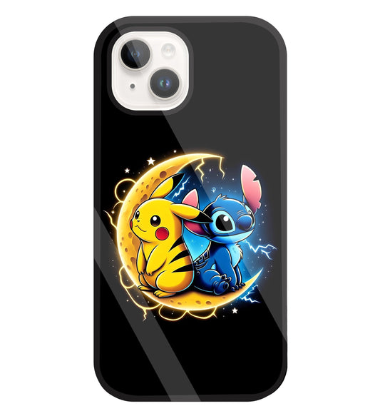 Stitch and Pikachu Moon Glass Case For Apple iPhone 15