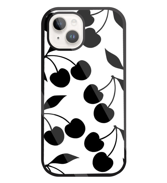 White With Black Cherry Glass Case For Apple iPhone 15