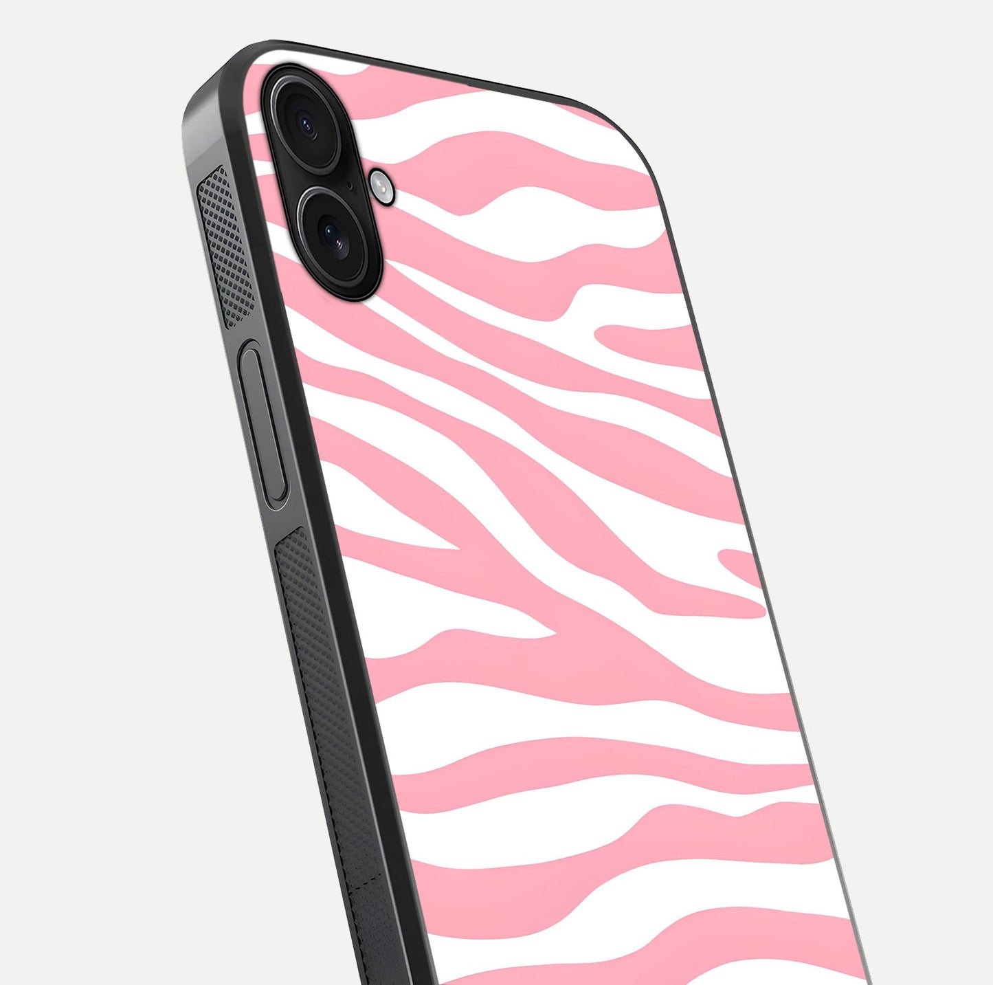 Blush Zebra Flow iPhone 16 Plus glass phone case angled back view highlighting bold zebra artwork and textured side grip