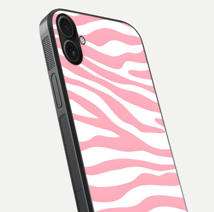 Blush Zebra Flow iPhone 16 Plus glass phone case angled back view highlighting bold zebra artwork and textured side grip