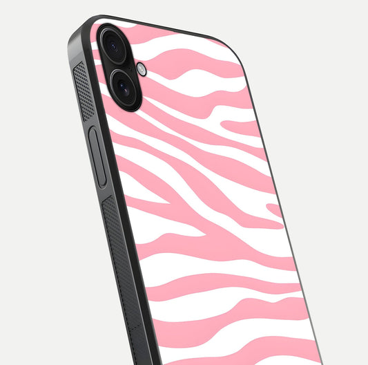 Blush Zebra Flow iPhone 16 Plus glass phone case angled back view highlighting bold zebra artwork and textured side grip