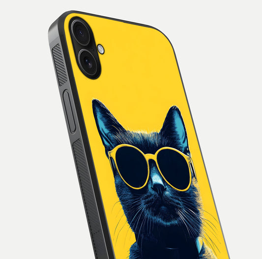 Cool Cat Vibes iPhone 16 Plus glass phone case angled back view highlighting cat artwork and textured side grip