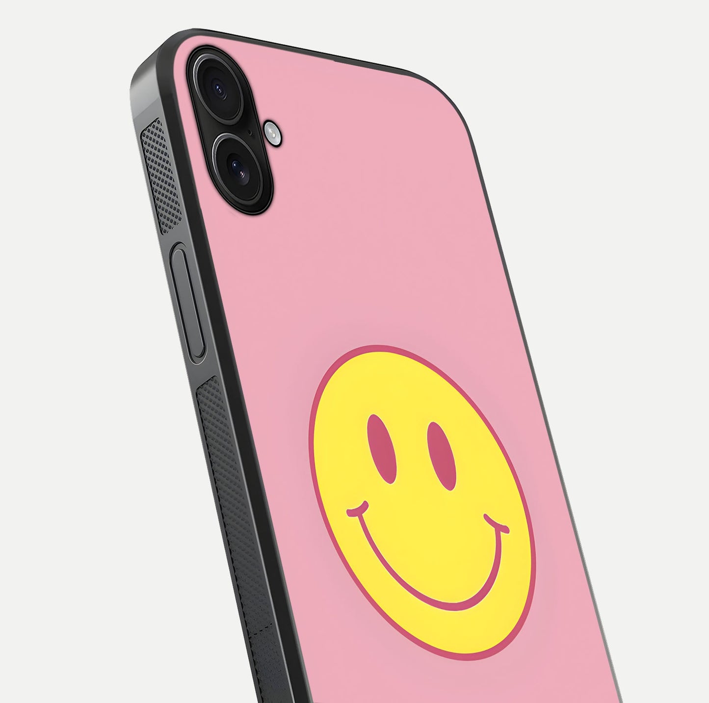Happy Pink Mood iPhone 16 Plus glass phone case angled back view highlighting bright pink artwork and side grip texture