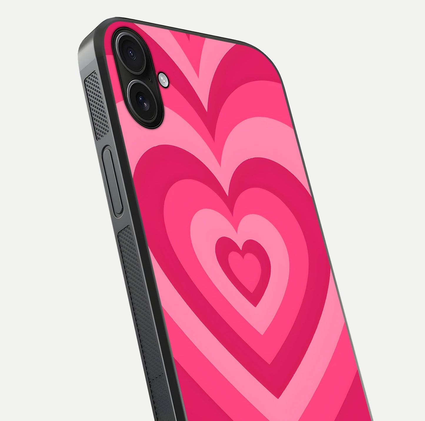 Layered Love Hearts iPhone 16 Plus glass phone case angled back view highlighting heart artwork and textured grip edges
