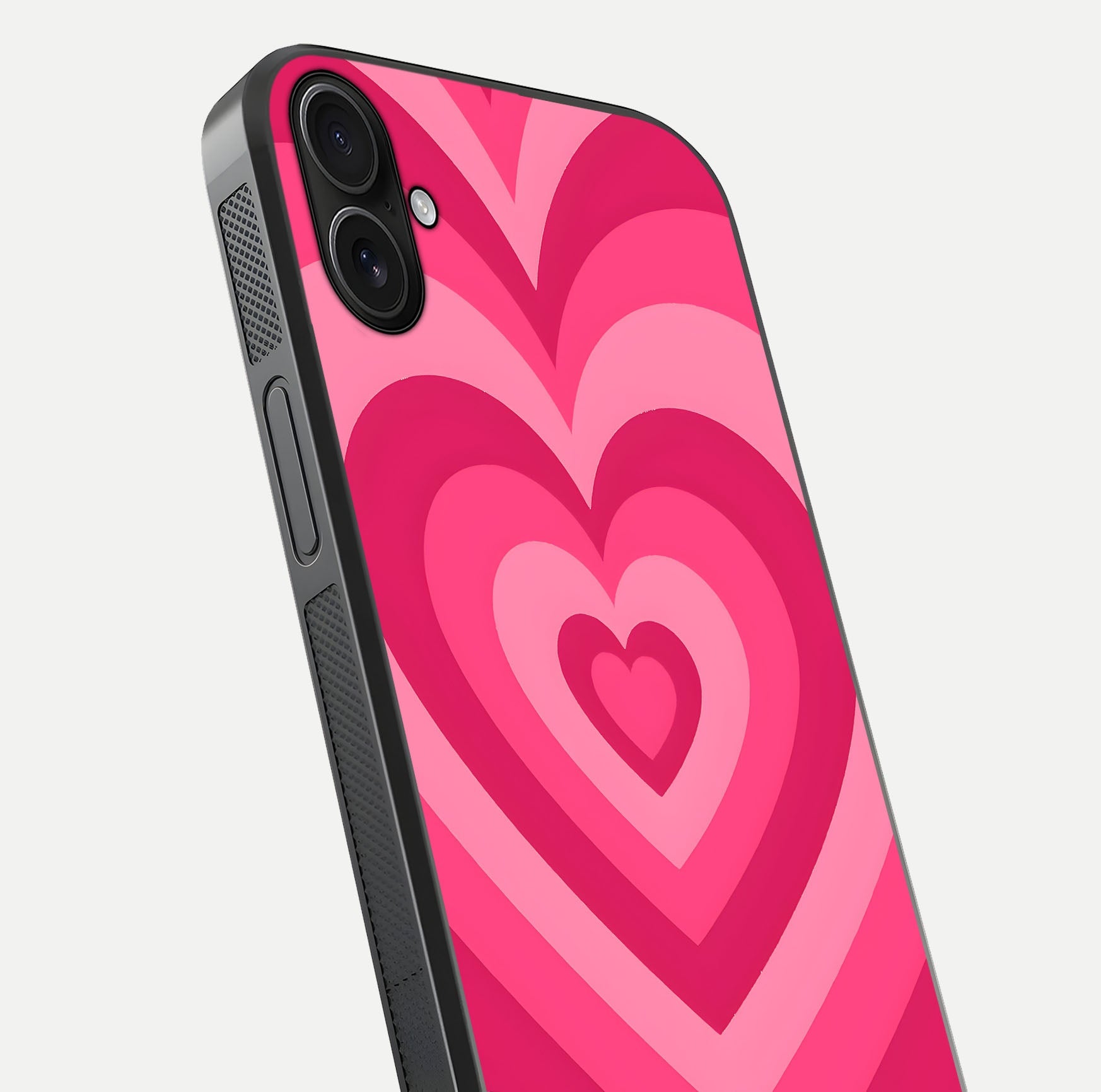 Layered Love Hearts iPhone 16 Plus glass phone case angled back view highlighting heart artwork and textured grip edges
