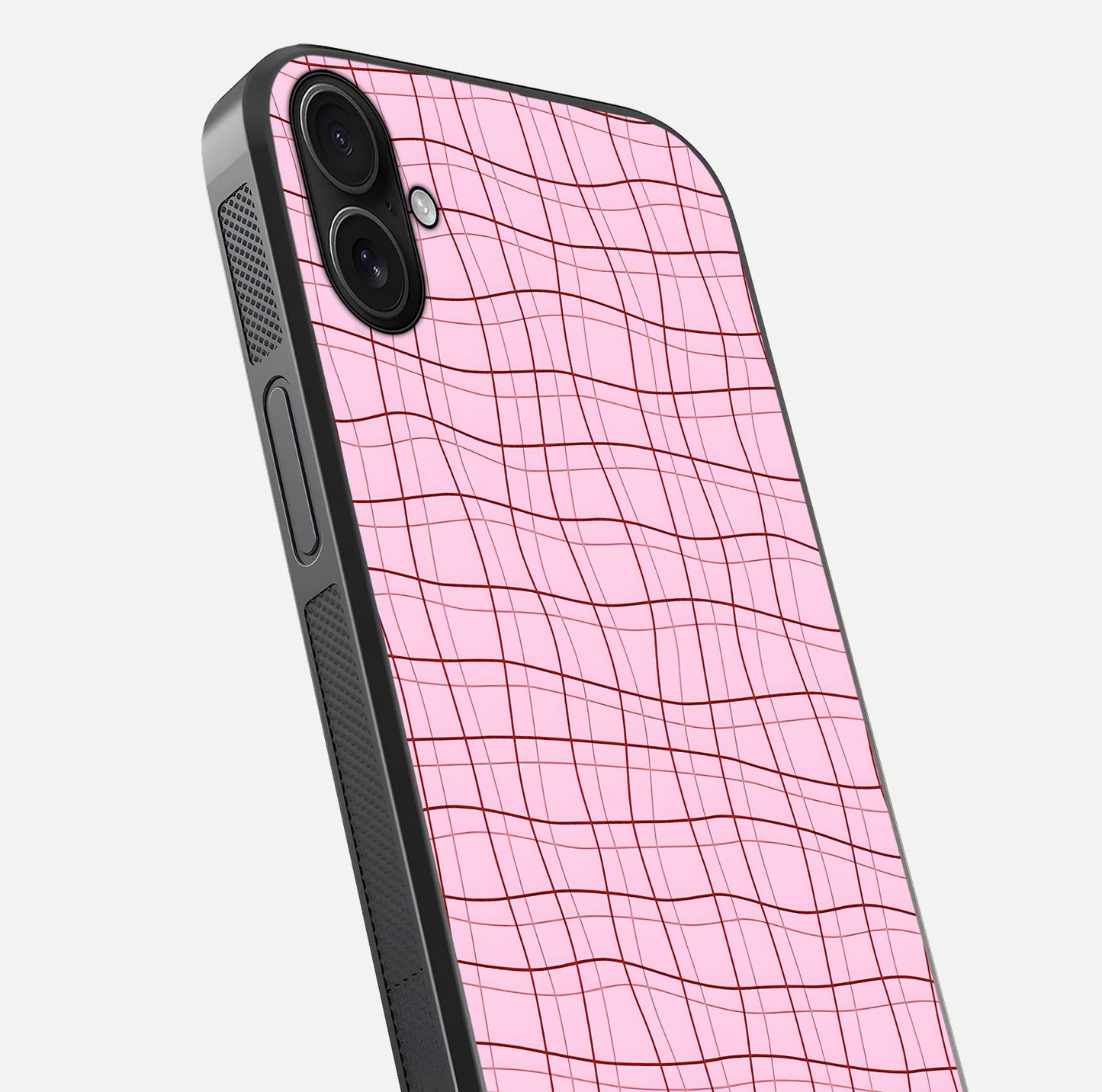 Soft Grid Bliss iPhone 16 Plus glass phone case angled back view highlighting grid artwork and side grip texture