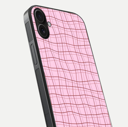 Soft Grid Bliss iPhone 16 Plus glass phone case angled back view highlighting grid artwork and side grip texture