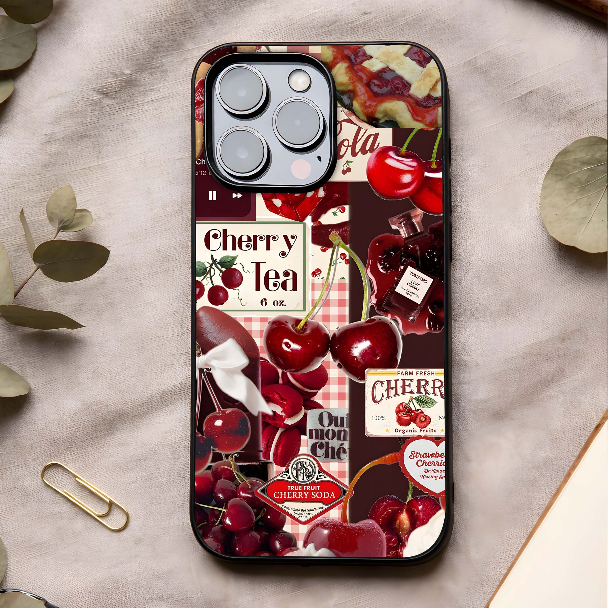 Aesthetic Cherry Tea Glass Case showing full back design in clean flat view with glossy glass finish and soft aesthetic tones.
