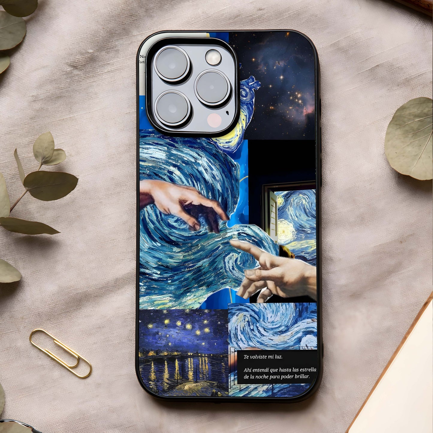 Aesthetic Vando Hands Glass Case showing full back design in clean flat view with artistic composition and glossy glass finish.