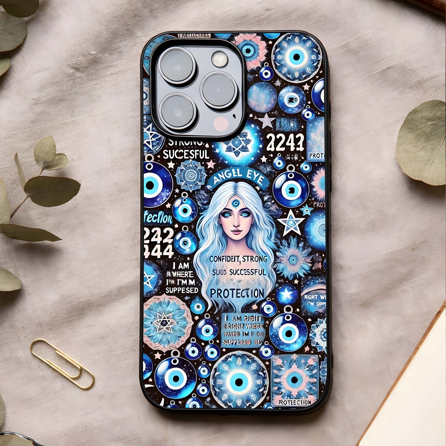 Angel Aura Shield Glass Case showing full back design in clean flat view with protective aura styling and glossy glass finish.