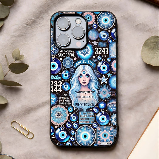 Angel Aura Shield Glass Case showing full back design in clean flat view with protective aura styling and glossy glass finish.