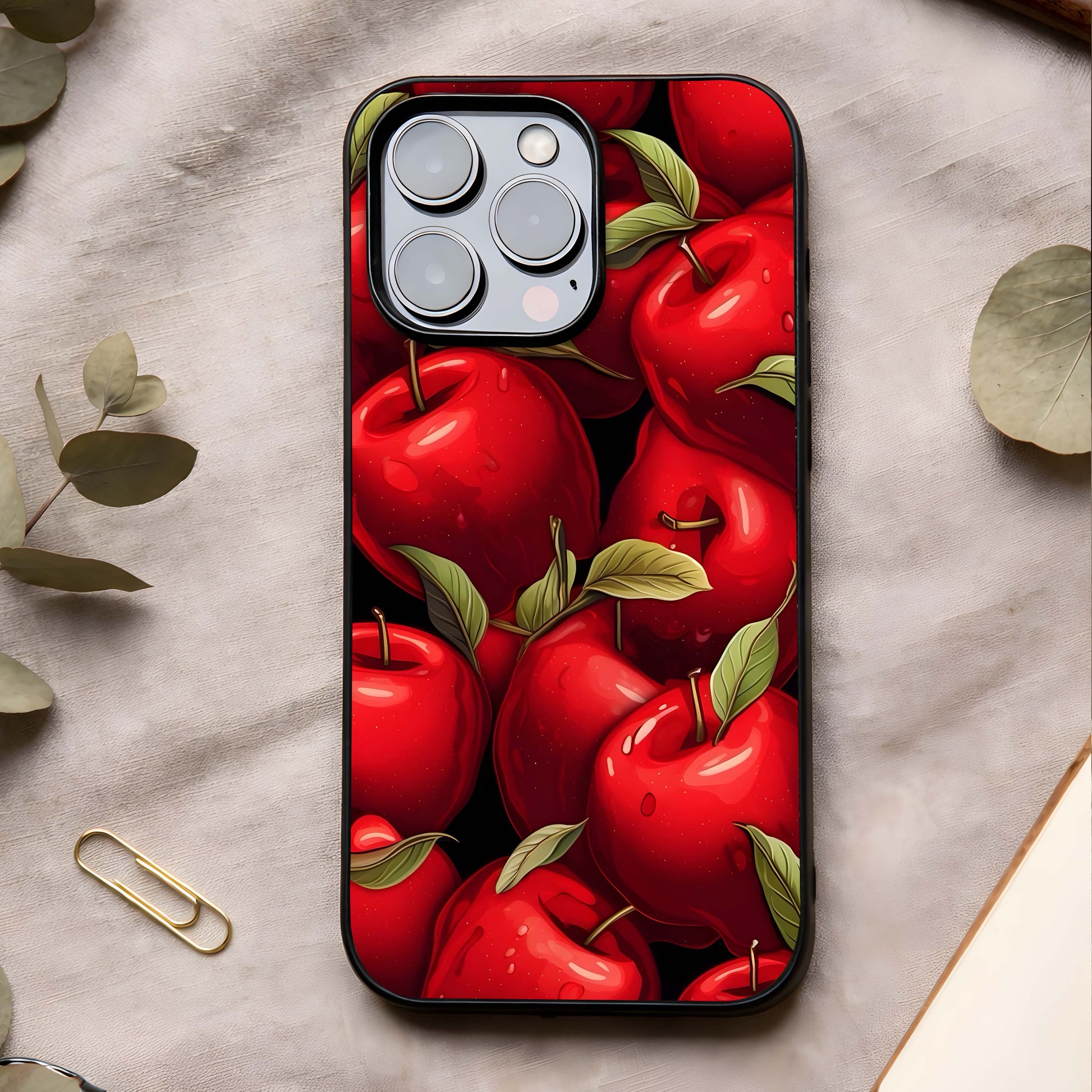 Apple Pattern Glass Case showing full back design in clean flat view with repeated motif detailing and glossy glass finish.