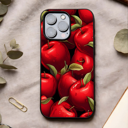 Apple Pattern Glass Case showing full back design in clean flat view with repeated motif detailing and glossy glass finish.
