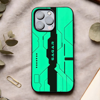 Aqua Tech CYBERPUNK Custom Name Glass Case showing full back design in clean flat view with futuristic detailing and glossy glass finish.