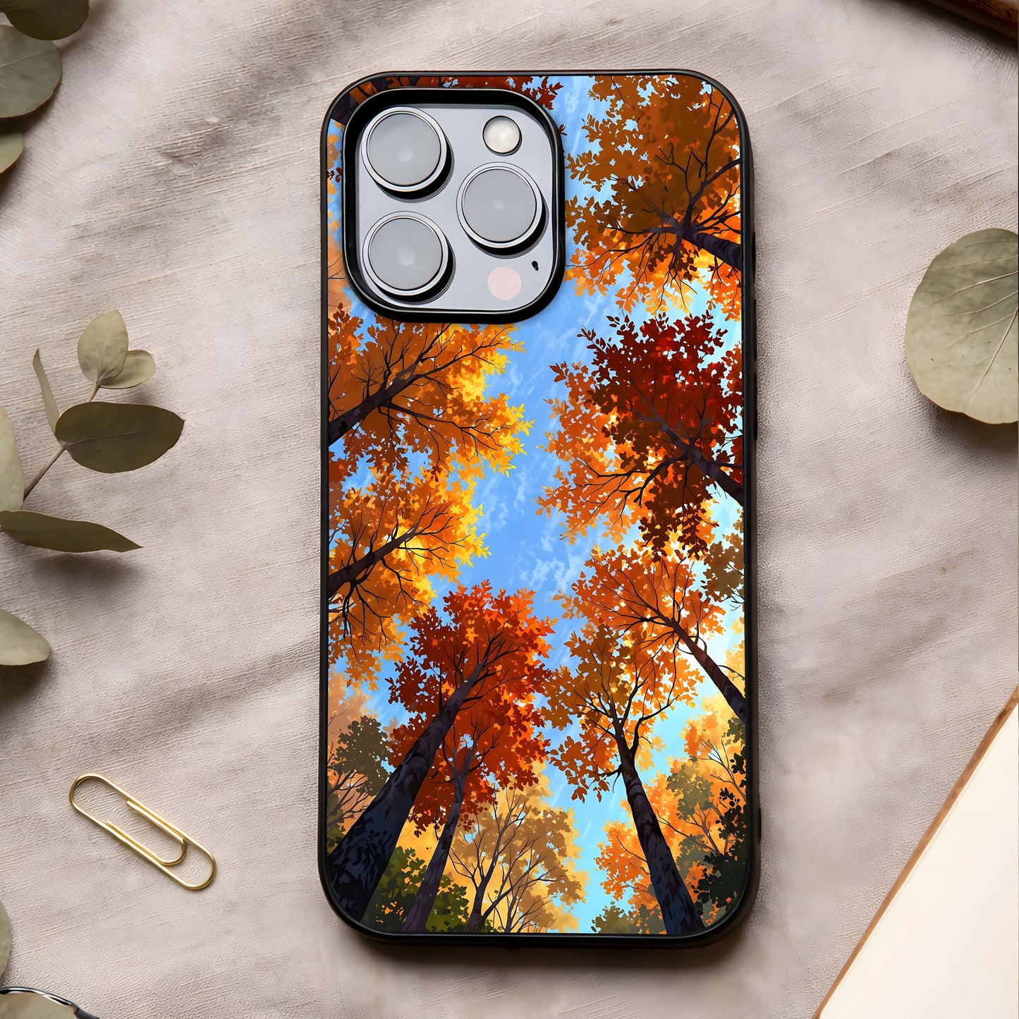 Autumn Sky Rise Glass Case showing full back design in clean flat view with sky-inspired gradients and glossy glass finish.