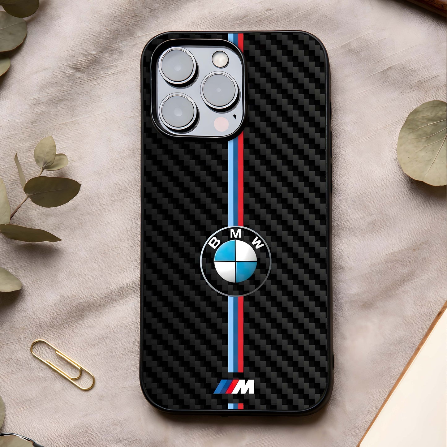 BMW Pattern Glass Case showing full back design in clean flat view with repeated performance-inspired pattern and glossy glass finish.