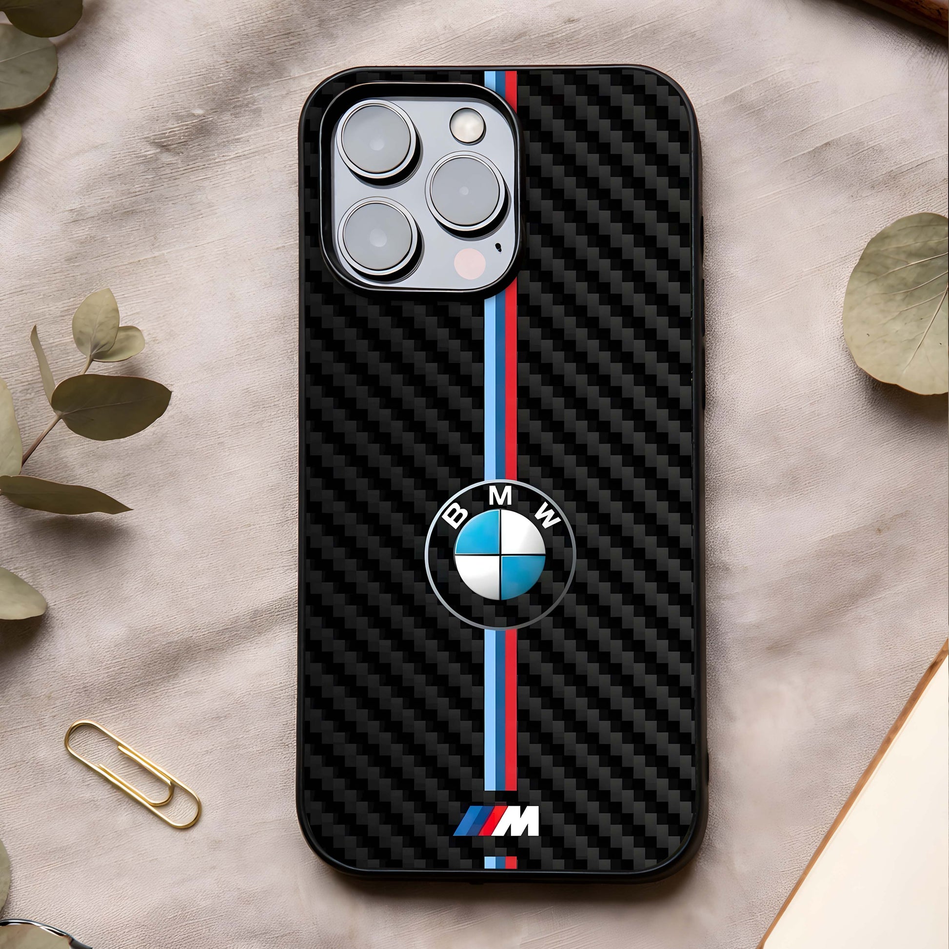 BMW Pattern Glass Case showing full back design in clean flat view with repeated performance-inspired pattern and glossy glass finish.
