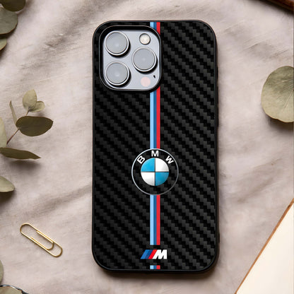 BMW Pattern Glass Case showing full back design in clean flat view with repeated performance-inspired pattern and glossy glass finish.