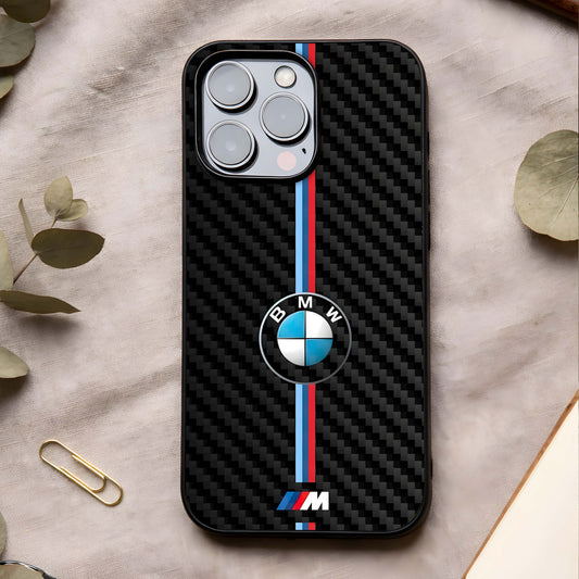 BMW Pattern Glass Case showing full back design in clean flat view with repeated performance-inspired pattern and glossy glass finish.