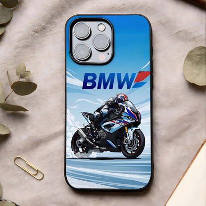BMW Power Drift Glass Case showing full back design in clean flat view with dynamic motion artwork and glossy glass finish.